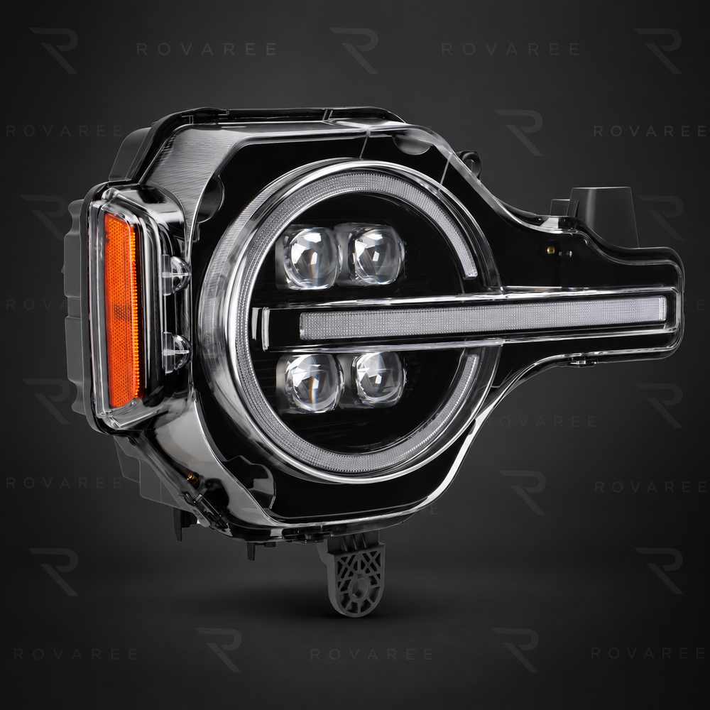 Close-up of Ford Bronco quad projector headlight housing and side marker