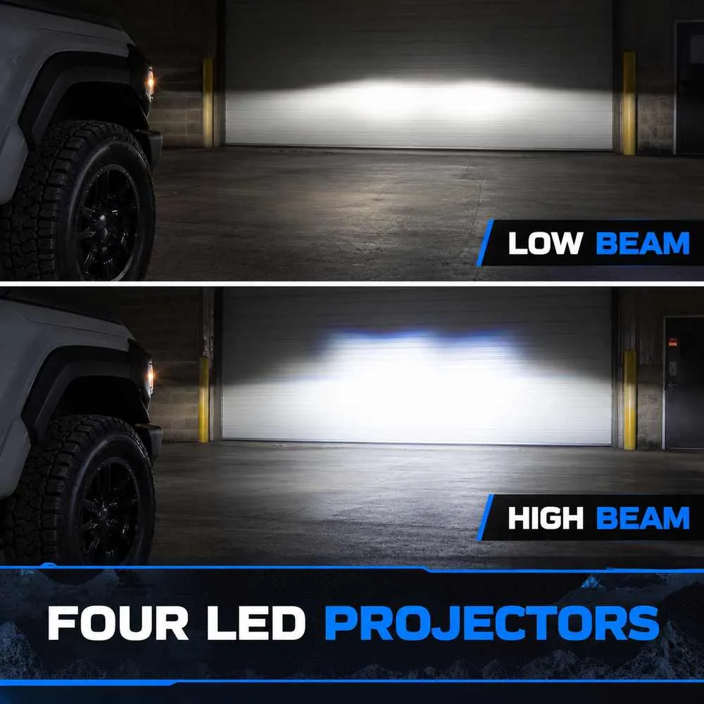 Four-projector Bronco headlights demonstrating low beam and high beam output