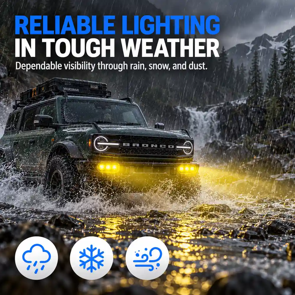 Amber auxiliary lighting on a Ford Bronco during heavy rain, snow and dusty trail conditions