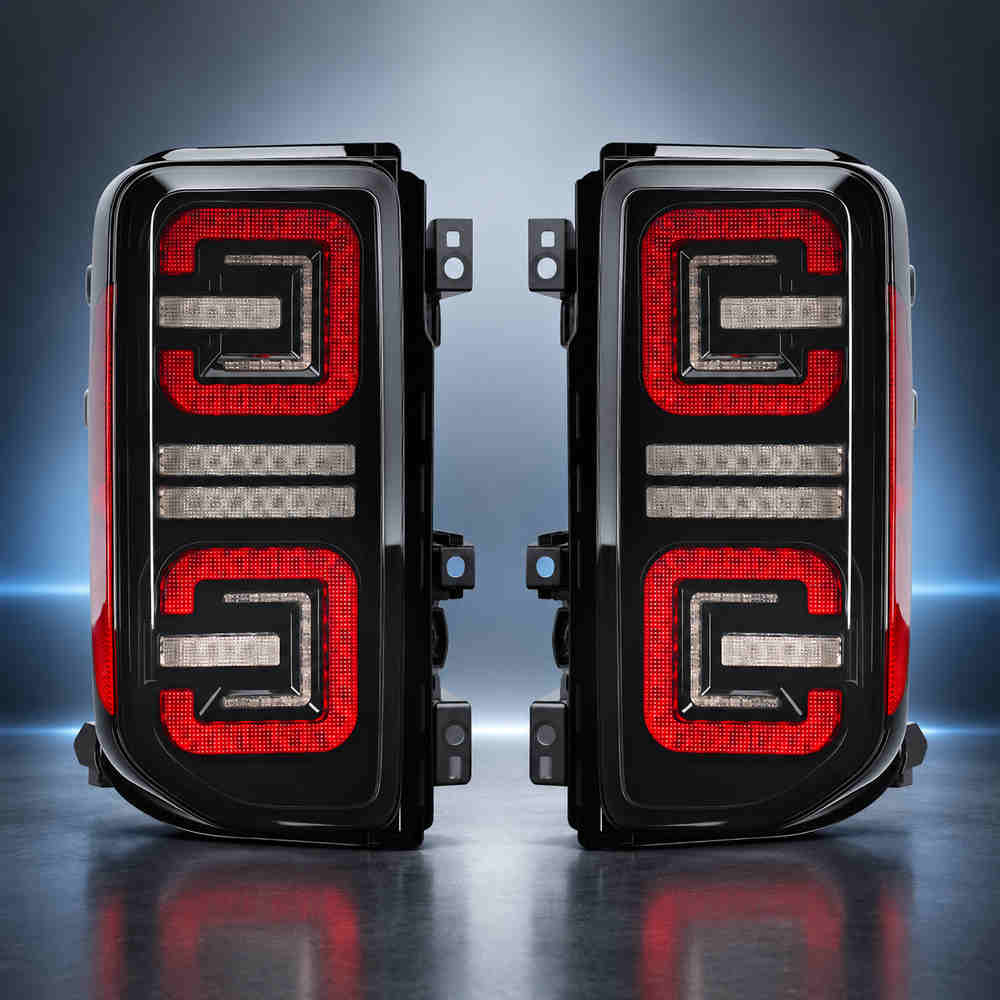 Smoked Bronco LED tail light assembly pair with dual-row red optical lighting design