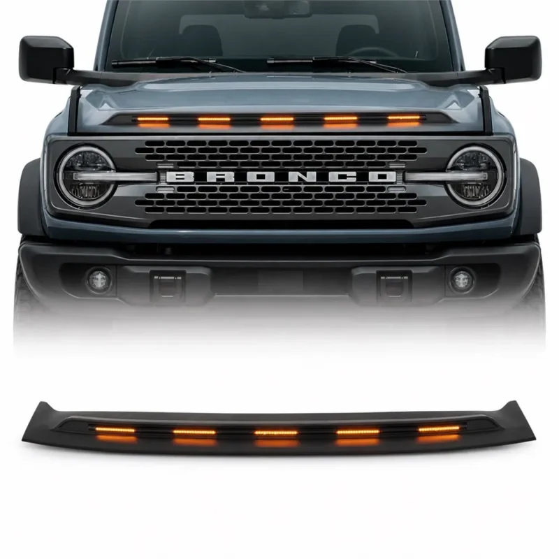 Ford Bronco hood deflector with integrated amber LED lights front view