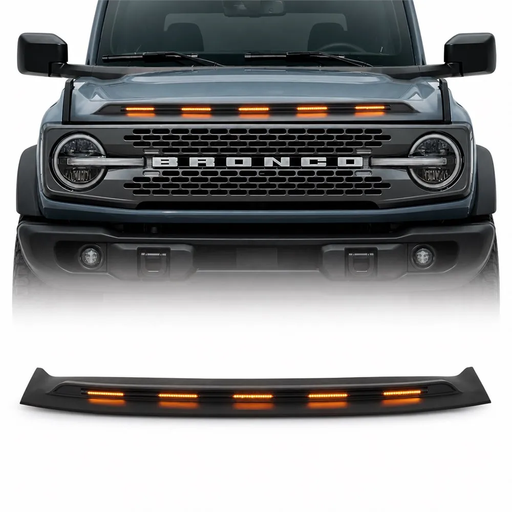 Ford Bronco hood deflector with integrated amber LED lights front view