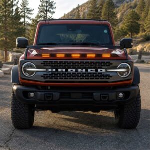 Front view of Ford Bronco with illuminated hood lightshield installed