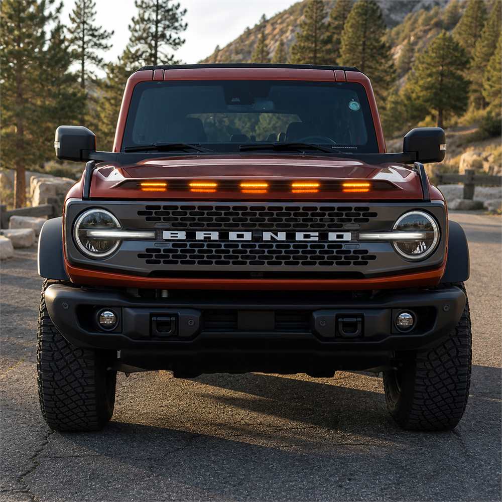 Front view of Ford Bronco with illuminated hood lightshield installed