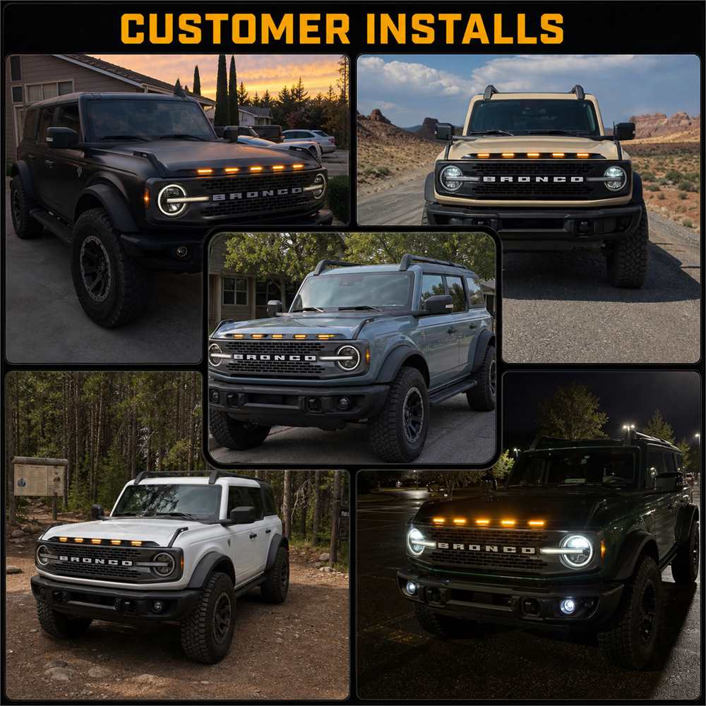 Customer installs of Ford Bronco hood protector with amber LED lights on different vehicles