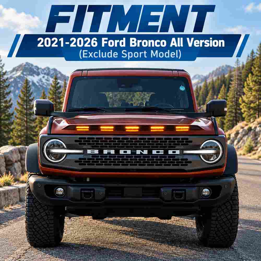 Fitment guide for Ford Bronco hood protector with LED lights for 2021-2026 models excluding Bronco Sport