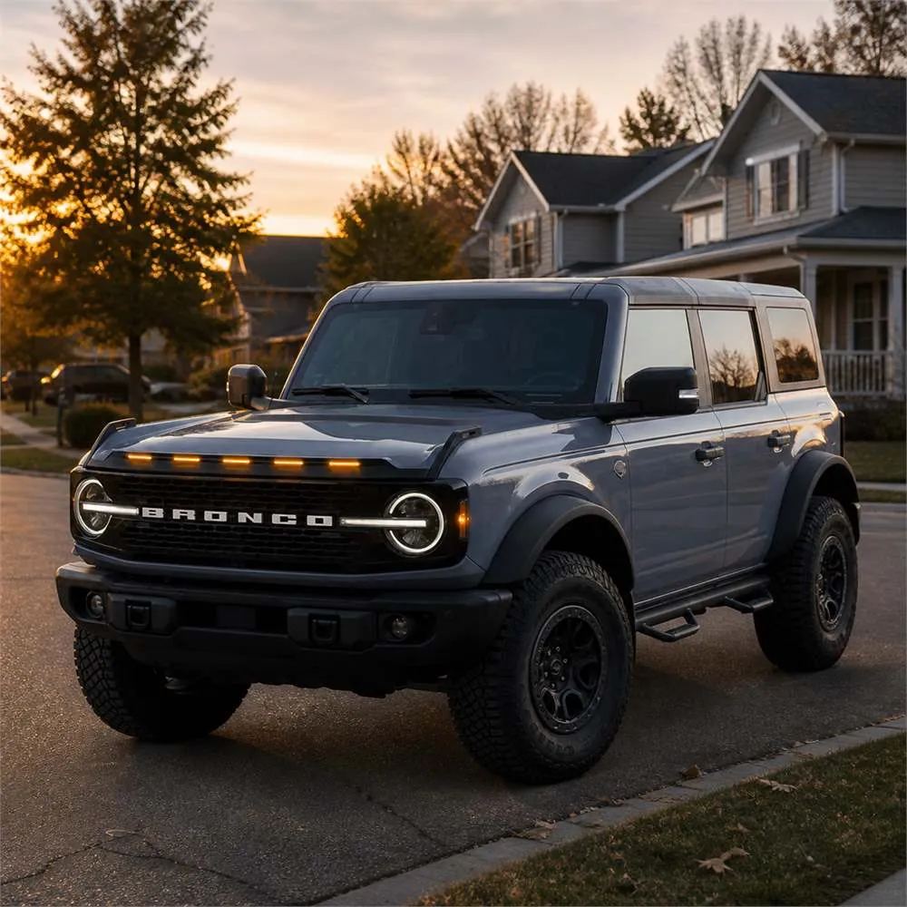 Full vehicle view of Ford Bronco with LED hood protector installed