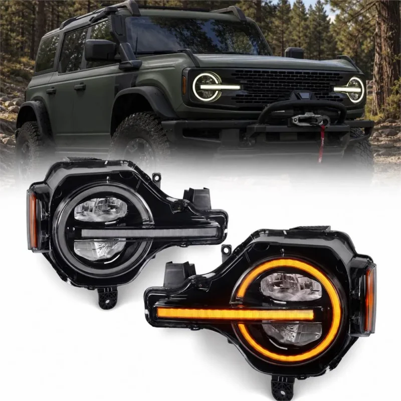 2021-2026 Ford Bronco LED headlights with white and amber dual-color DRL
