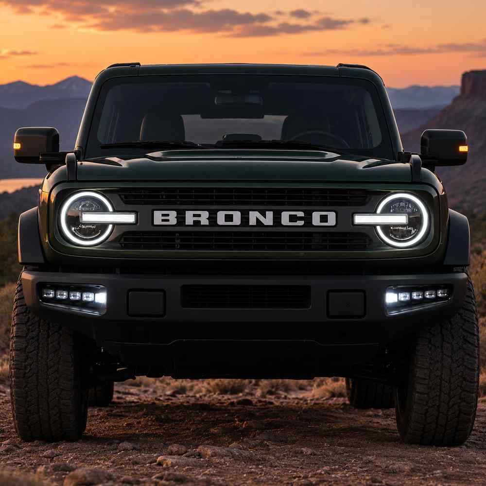Bronco bumper lights showing white DRL and amber turn signal modes