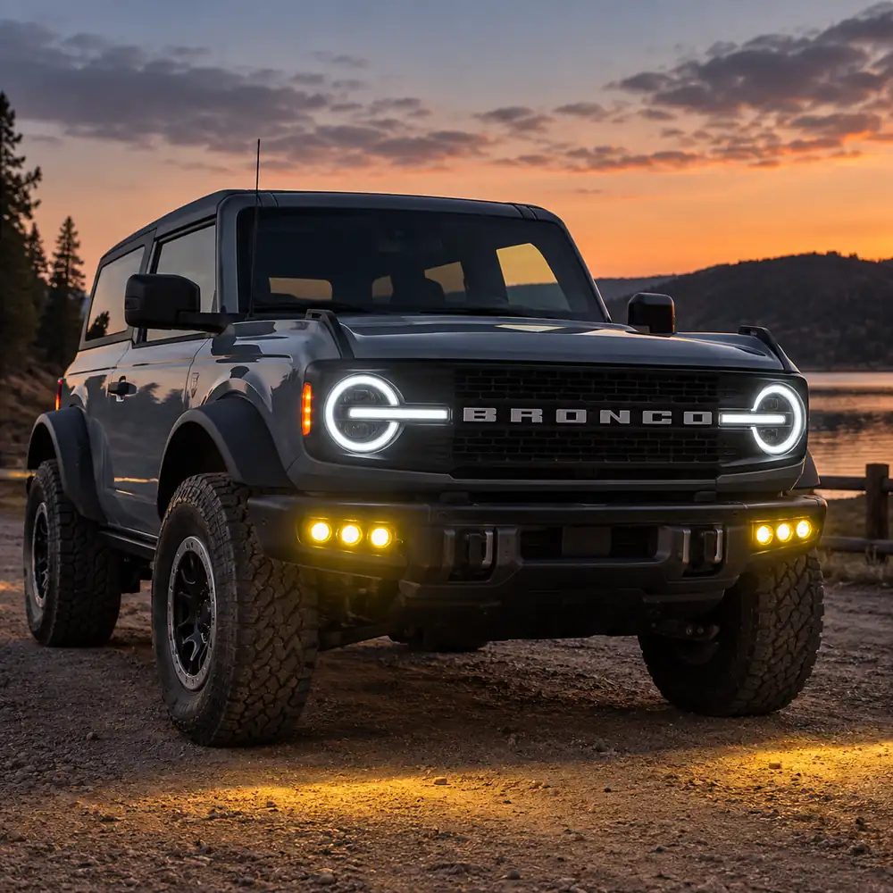 Ford Bronco with triple amber auxiliary lamps illuminated on a sunset trail