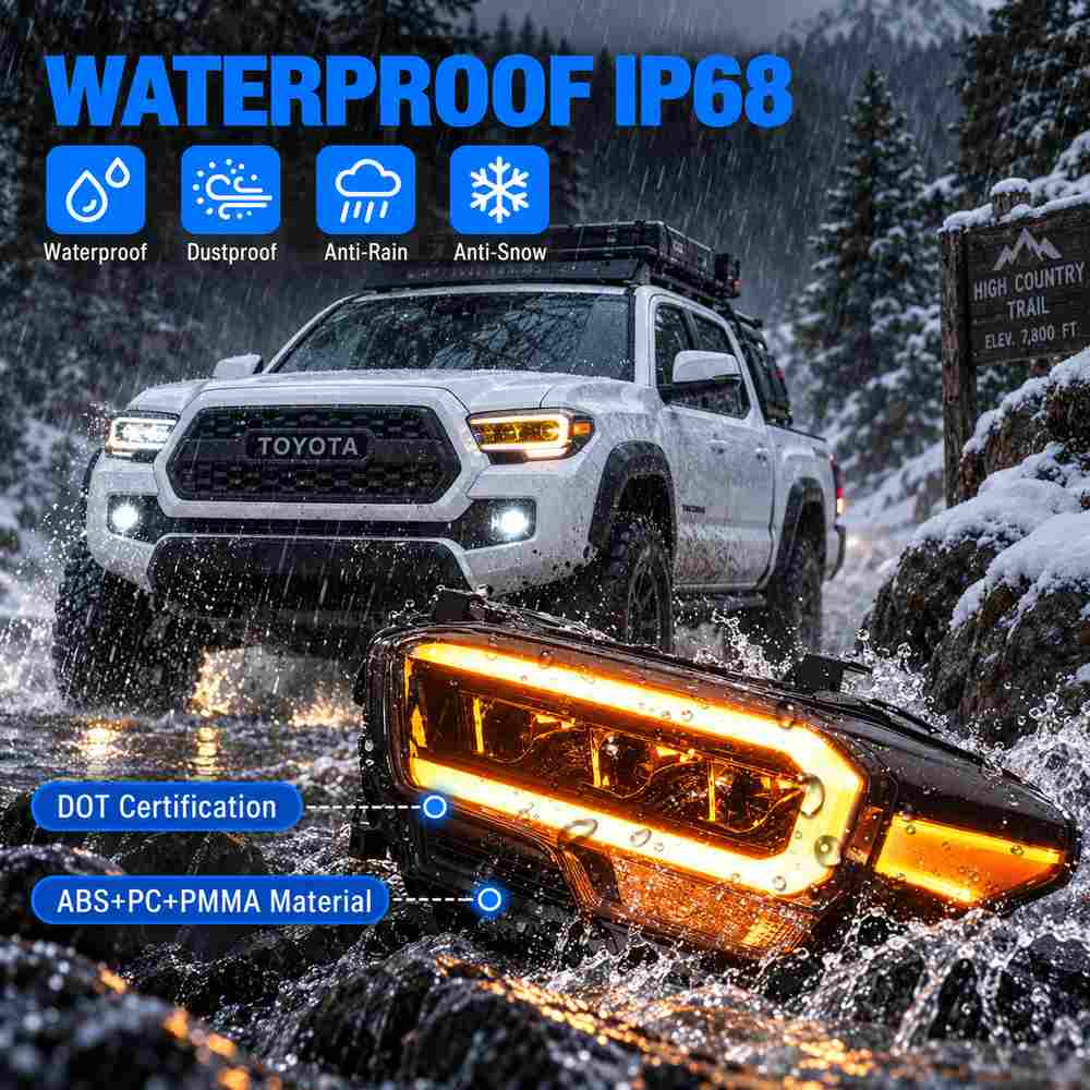 IP68 waterproof aftermarket headlights for Toyota Tacoma, built with durable housing for reliable performance in rain, snow and dusty conditions.