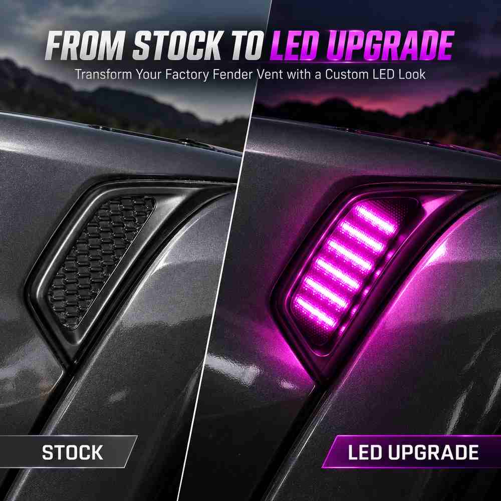 Jeep fender light stock vent compared with RGB LED upgrade