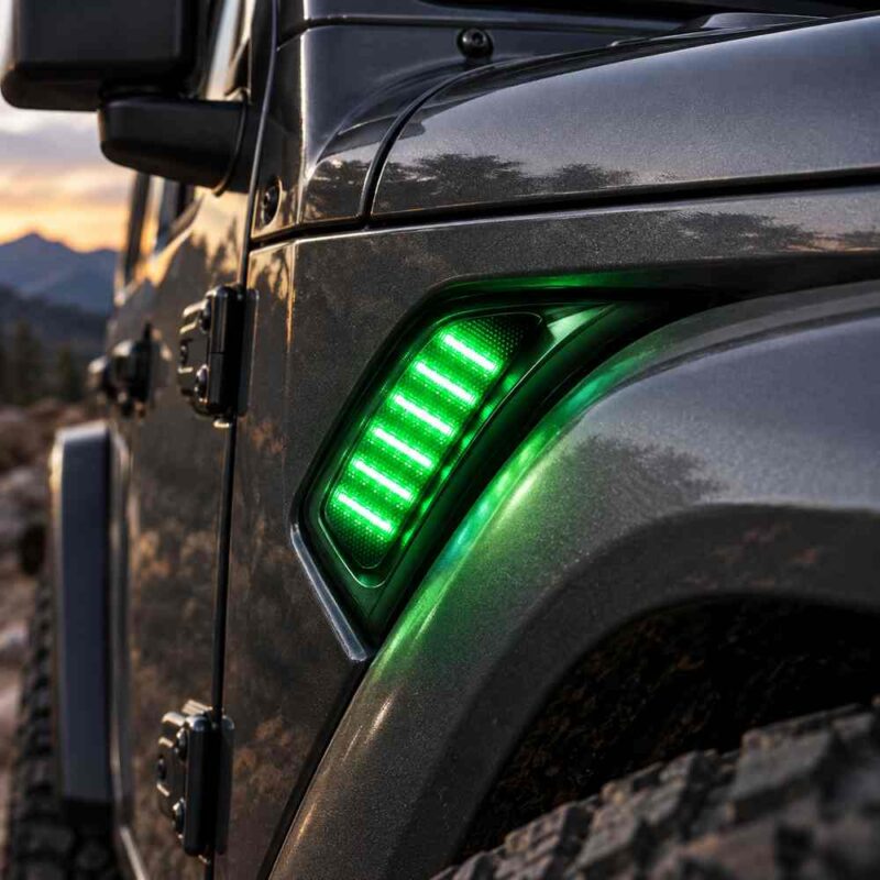 Green RGB Jeep fender lights shown in a close-up vent installation