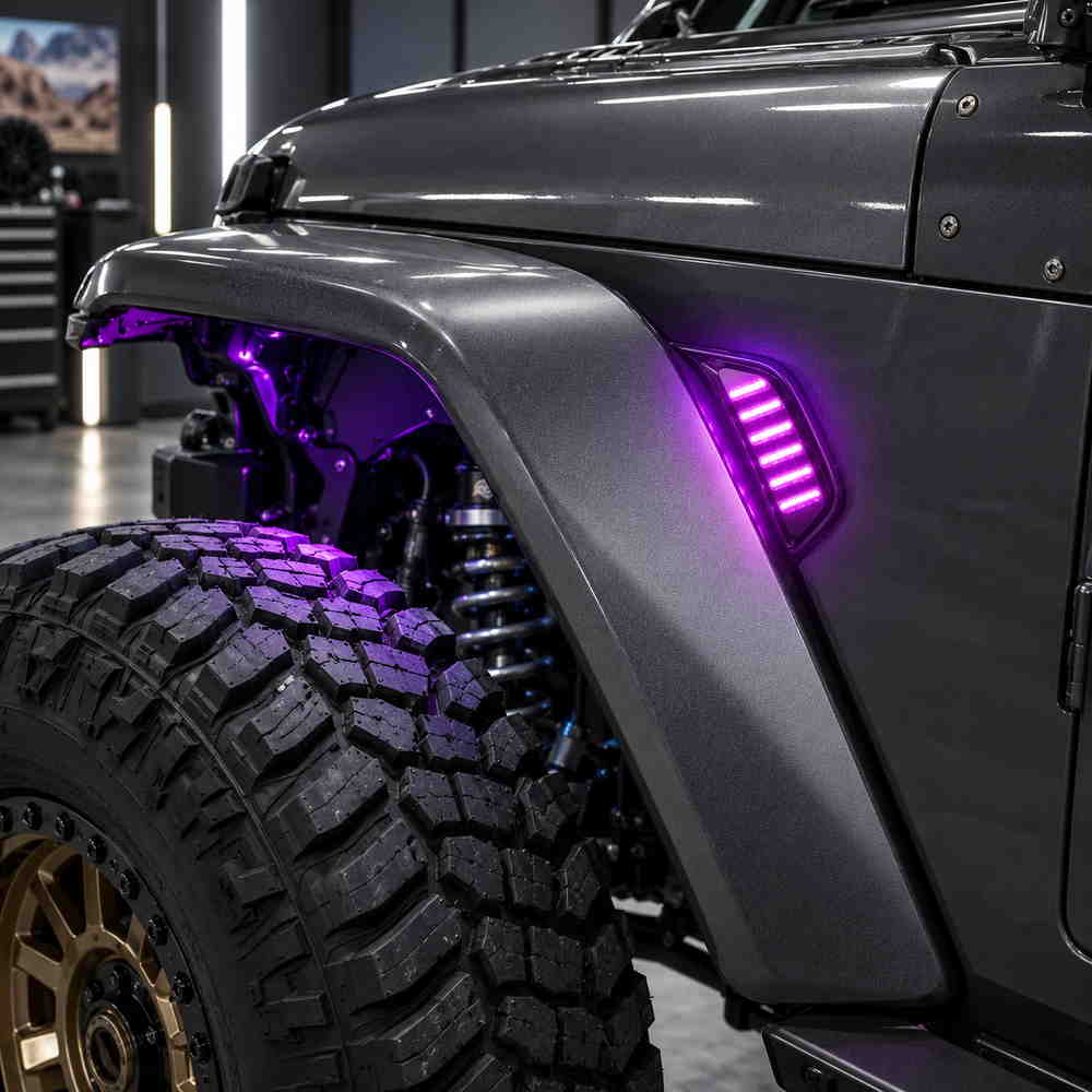 Purple Jeep JL fender lights installed in the factory vent area