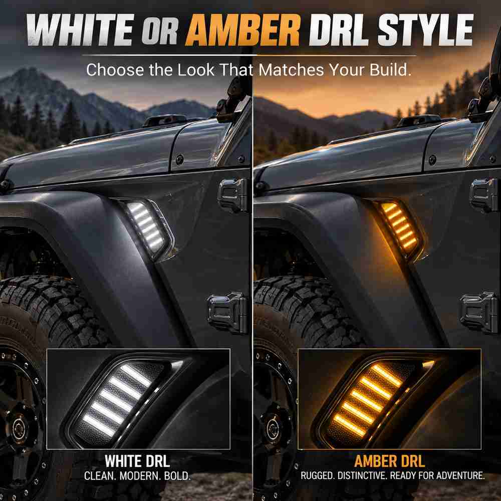 Jeep JL fender lights with white and amber DRL styles