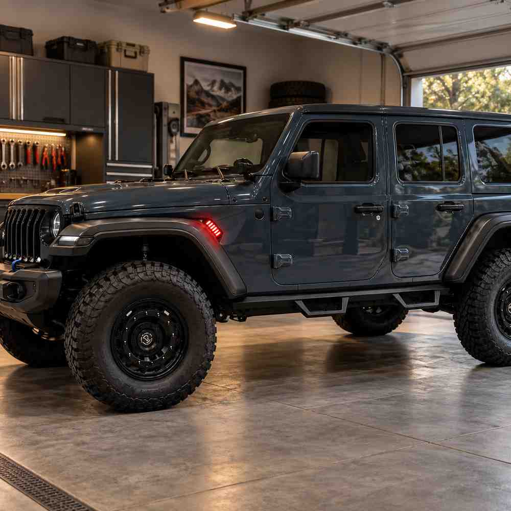 Red LED Jeep Wrangler fender lights installed on a JL in a home garage