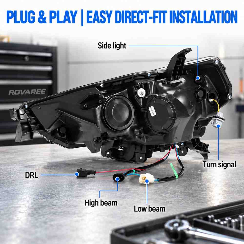 Rear view of a direct-fit 4Runner headlamp with plug-and-play wiring for DRL, high beam, low beam and turn signal.