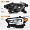 Technical detail image of Tacoma projector headlights showing plug-and-play connector, beam adjustment points, DRL and integrated high and low beam design.