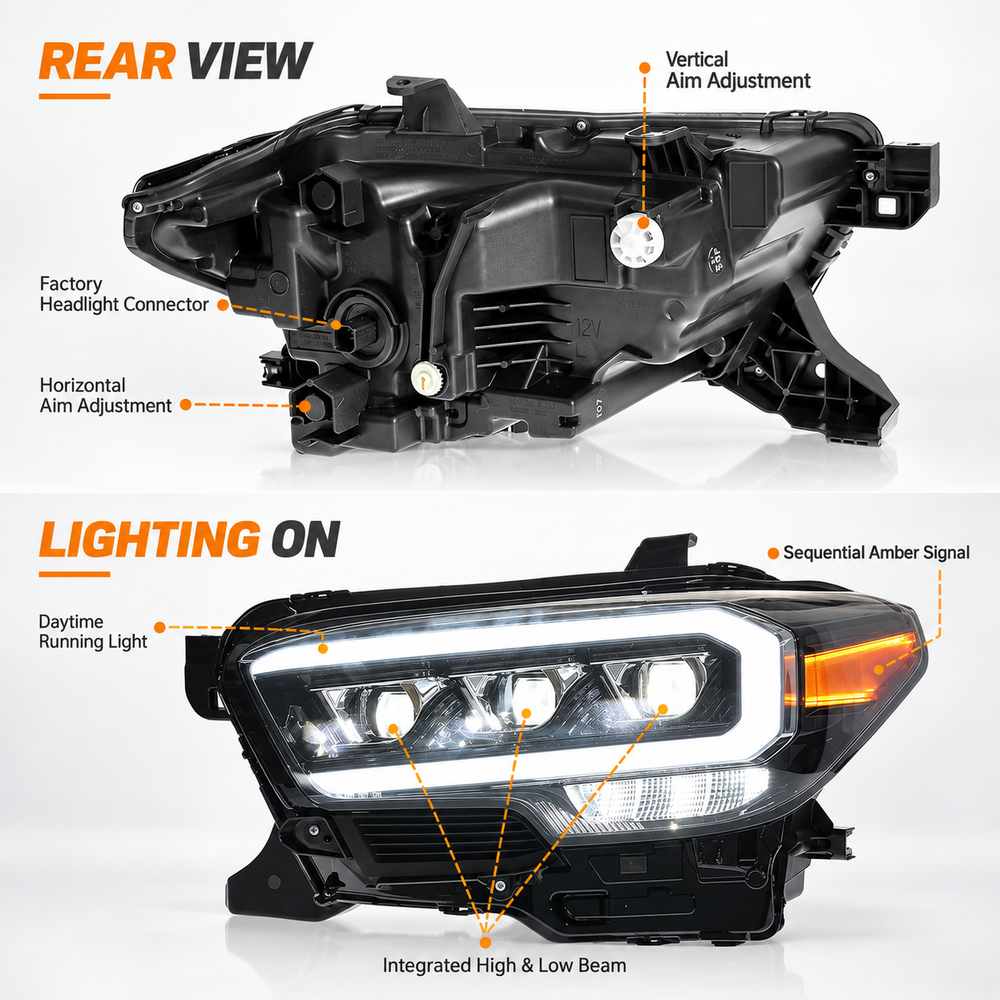Technical detail image of Tacoma projector headlights showing plug-and-play connector, beam adjustment points, DRL and integrated high and low beam design.