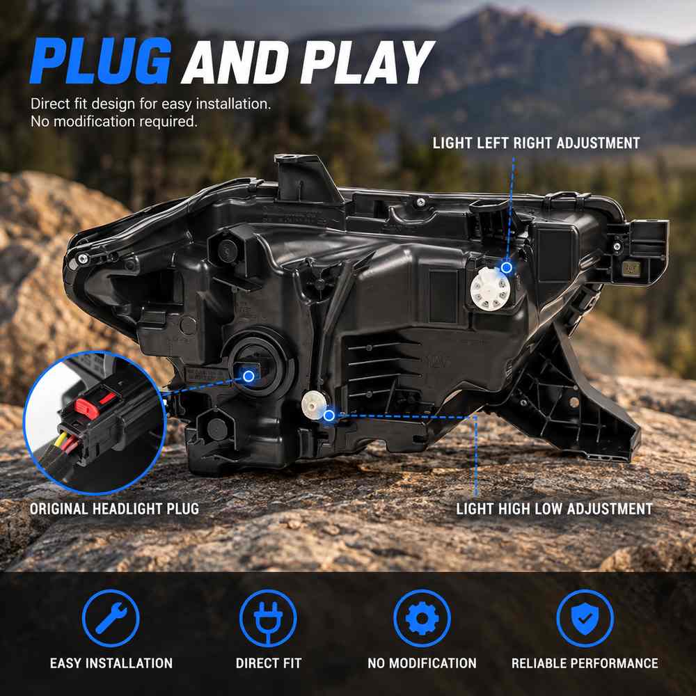Rear view of Toyota Tacoma projector headlights with original plug connection and adjustment points for direct plug-and-play installation.