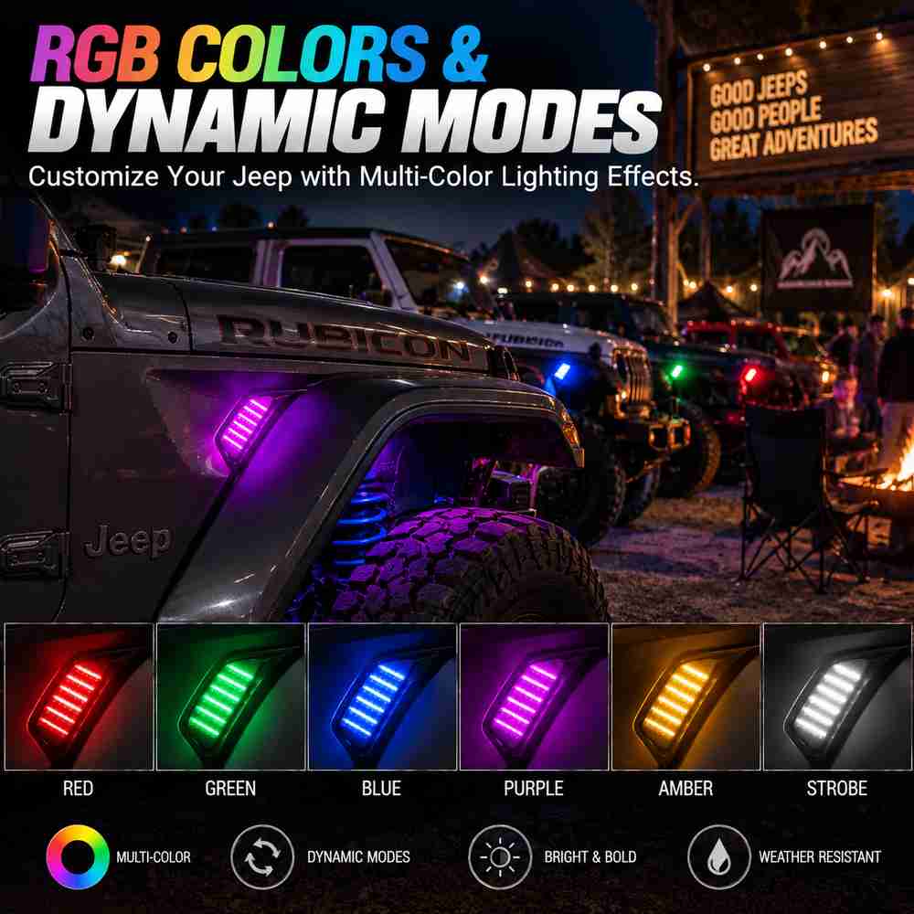 RGB Jeep Wrangler fender lights with multi-color and dynamic lighting modes