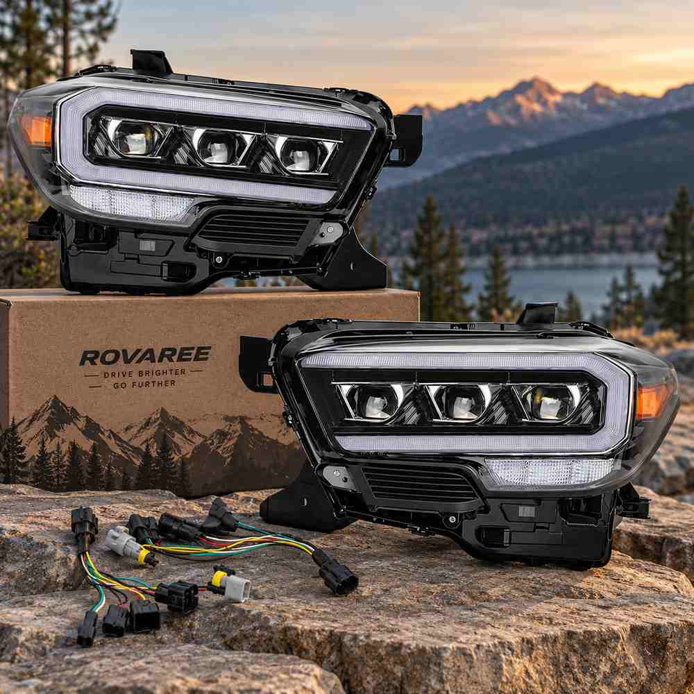 Rovaree LED headlight kit for Toyota Tacoma including a pair of headlights and wiring harness for direct replacement installation.