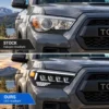 Stock halogen headlight compared with a modern LED projector headlight upgrade on a Toyota 4Runner.