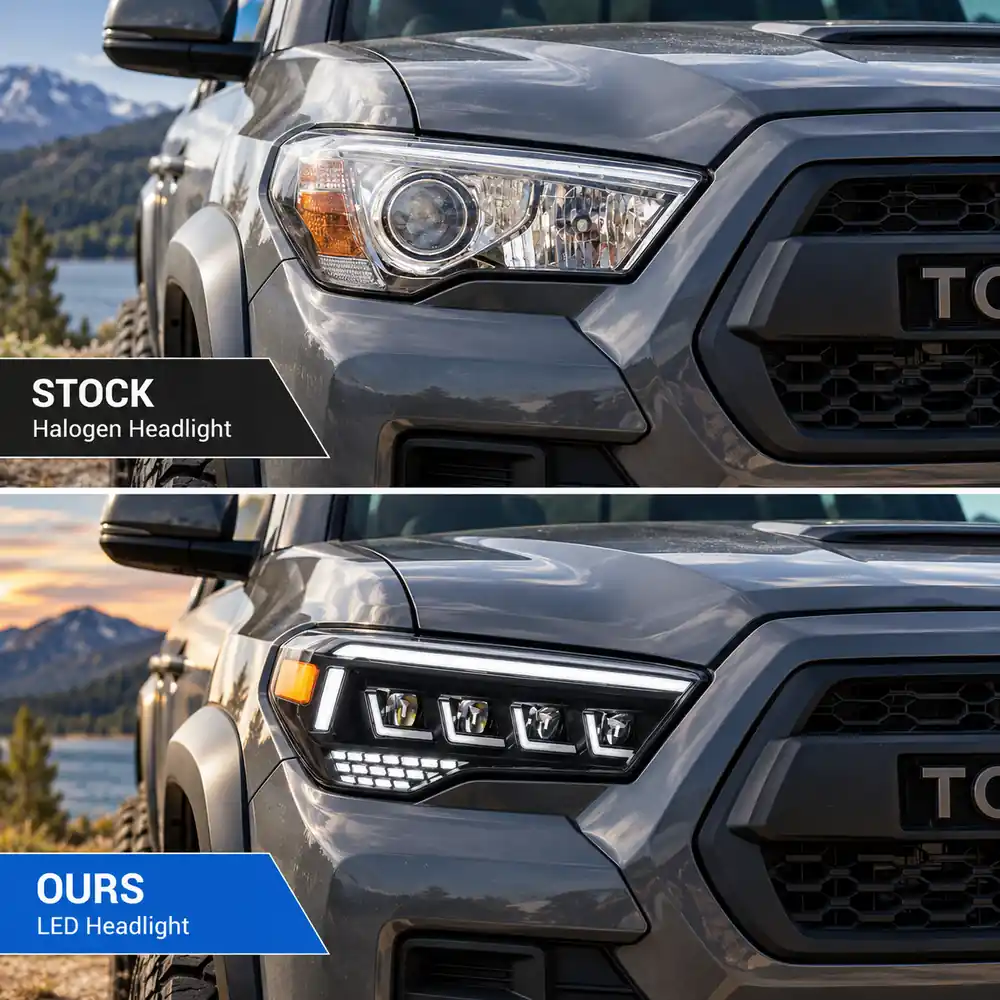 Stock halogen headlight compared with a modern LED projector headlight upgrade on a Toyota 4Runner.