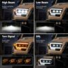 Function overview of Toyota Tacoma aftermarket headlights, including high beam, low beam, daytime running light and amber turn signal modes.