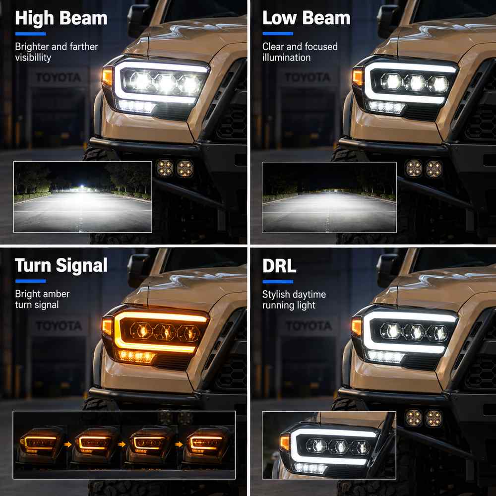 Function overview of Toyota Tacoma aftermarket headlights, including high beam, low beam, daytime running light and amber turn signal modes.
