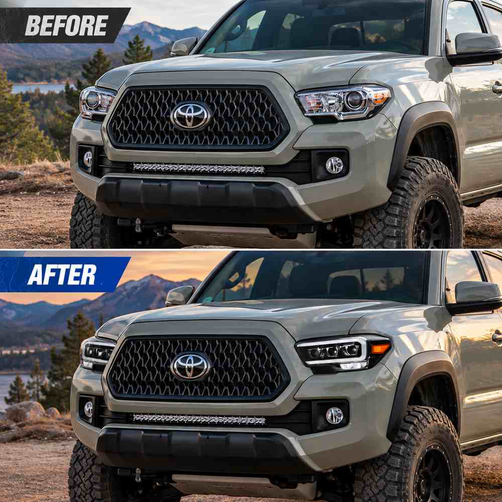 Before and after comparison of a 3rd gen Toyota Tacoma headlight upgrade, showing the difference between stock lights and aftermarket projector headlights.