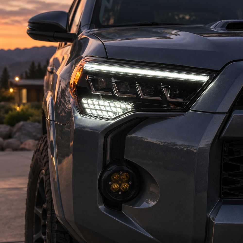 White DRL and multi-projector headlight illuminated on a Toyota 4Runner at dusk.