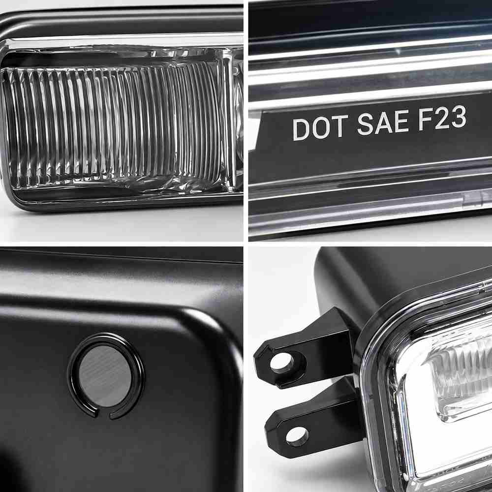 Toyota Tundra fog light close-up showing optical lens DOT SAE marking housing and mounting tabs