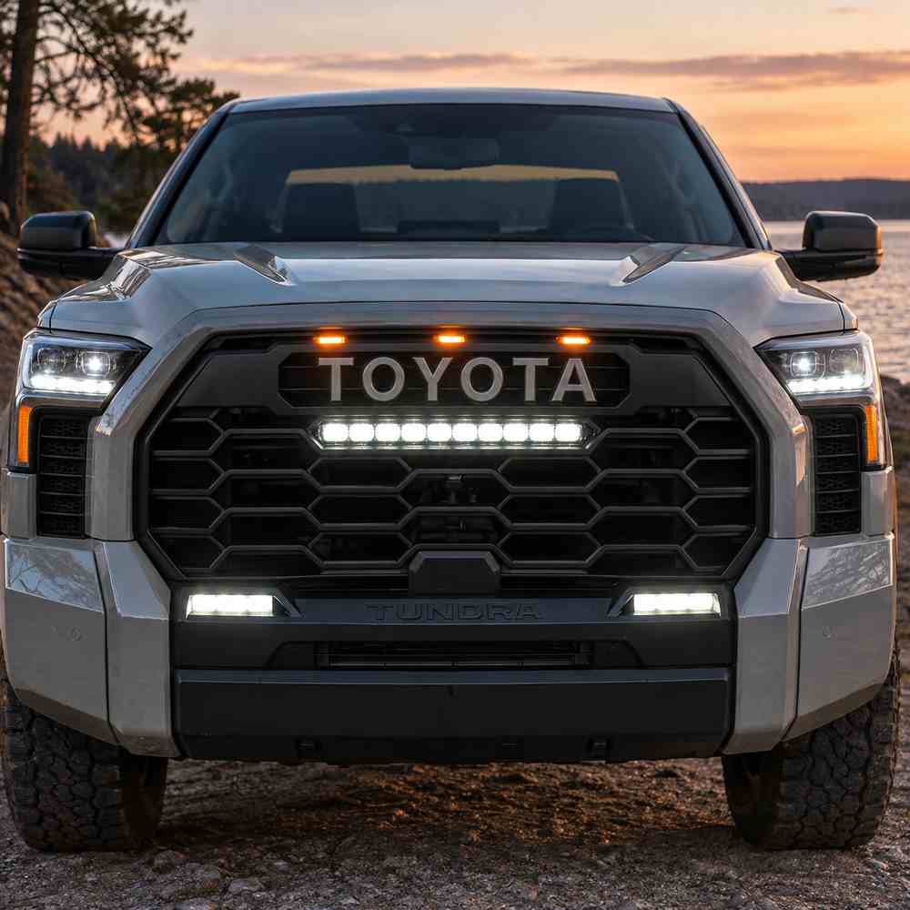 Toyota Tundra with white grille light bar and amber marker lights installed
