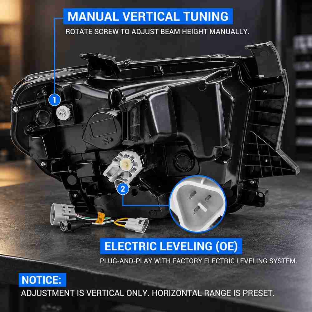 Toyota Tundra headlight rear housing showing manual vertical beam adjustment and factory electric leveling connection