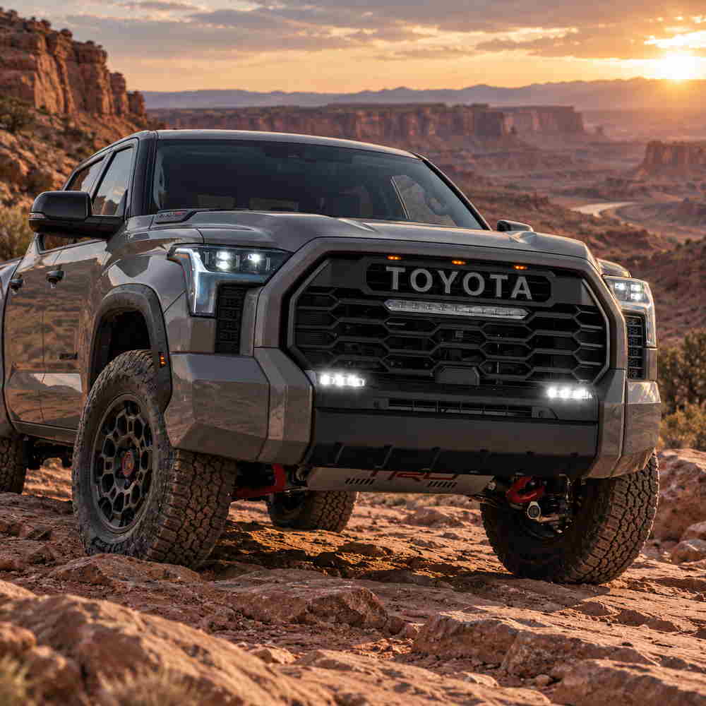 Toyota Tundra LED fog lights with bright white DRL illuminated on mountain off-road trail