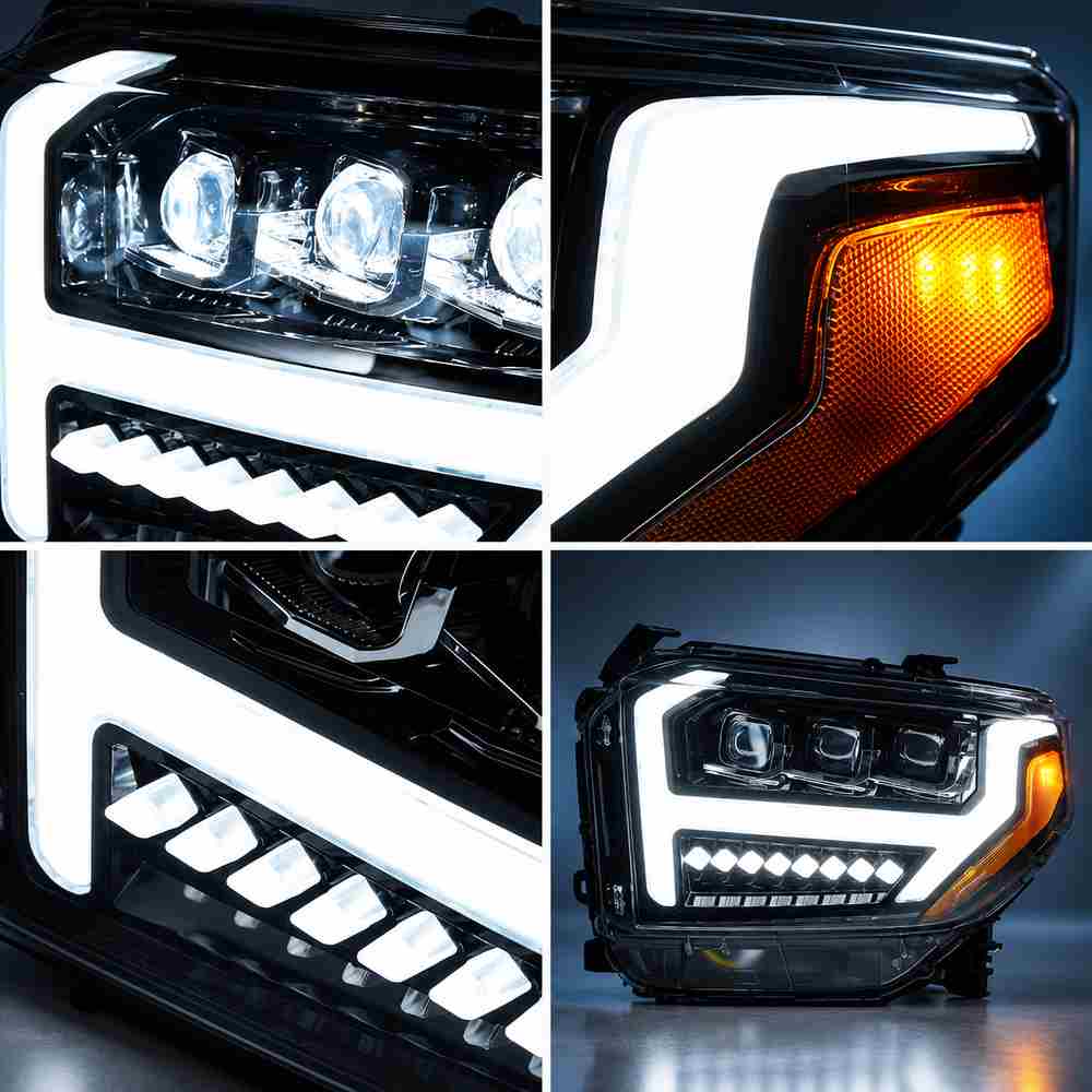 Toyota Tundra LED headlight close-up details showing triple projector lenses white DRL and amber side marker