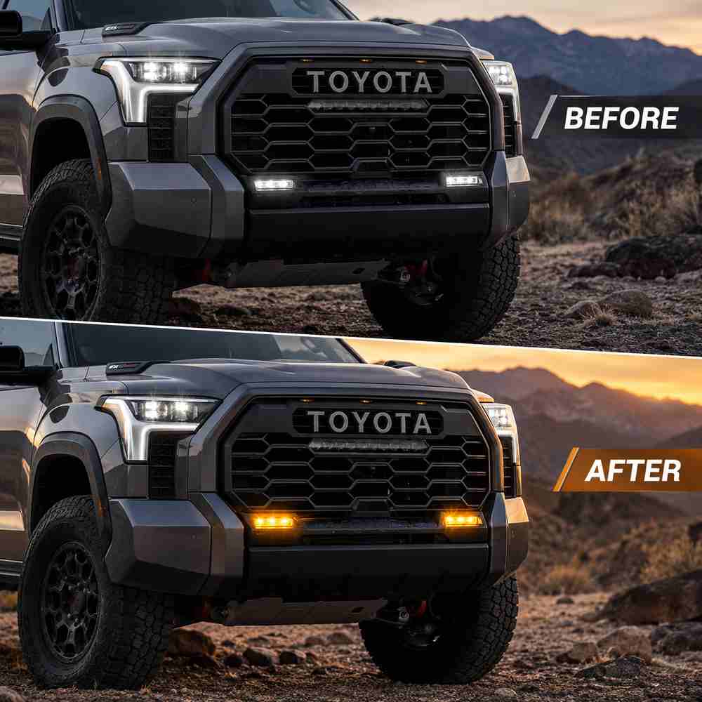 Toyota Tundra sequential amber fog lights before and after upgrade showing factory white lighting and amber turn signal effect