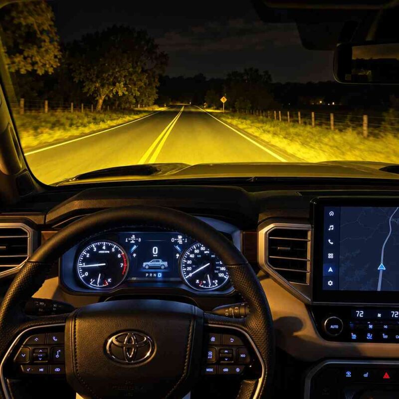 Driver view of a dark road illuminated by auxiliary lighting from a Toyota Tundra