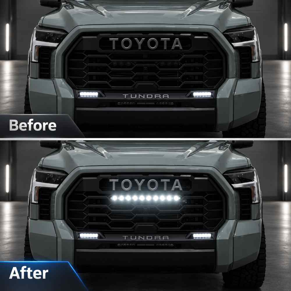 Toyota Tundra grille before and after installing a center LED light bar