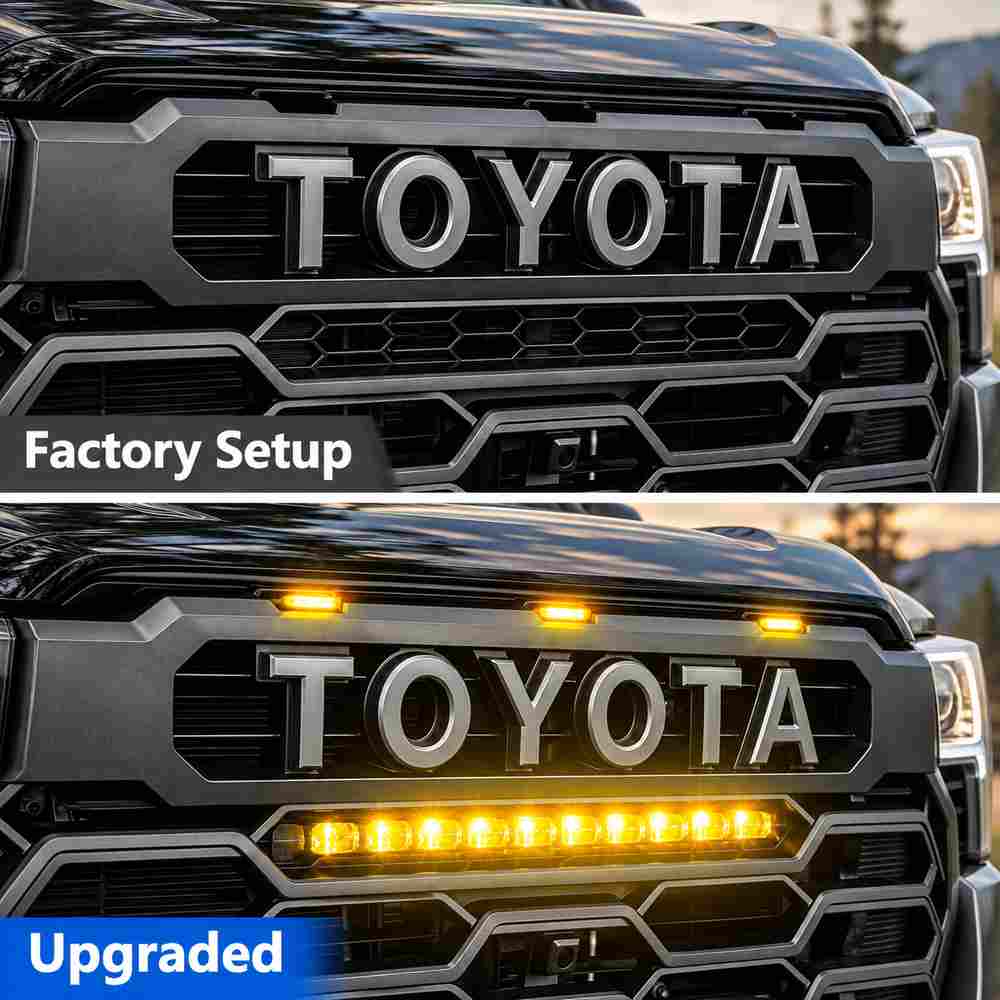 Toyota Tundra grille before and after LED light bar upgrade