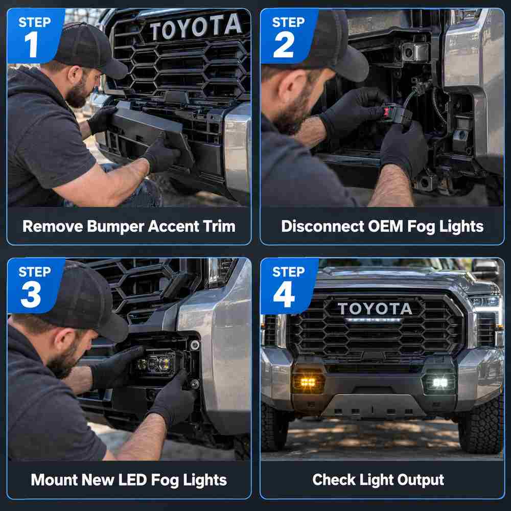 Tundra LED fog lights installation steps showing bumper trim removal OEM connector disconnect mounting and light test