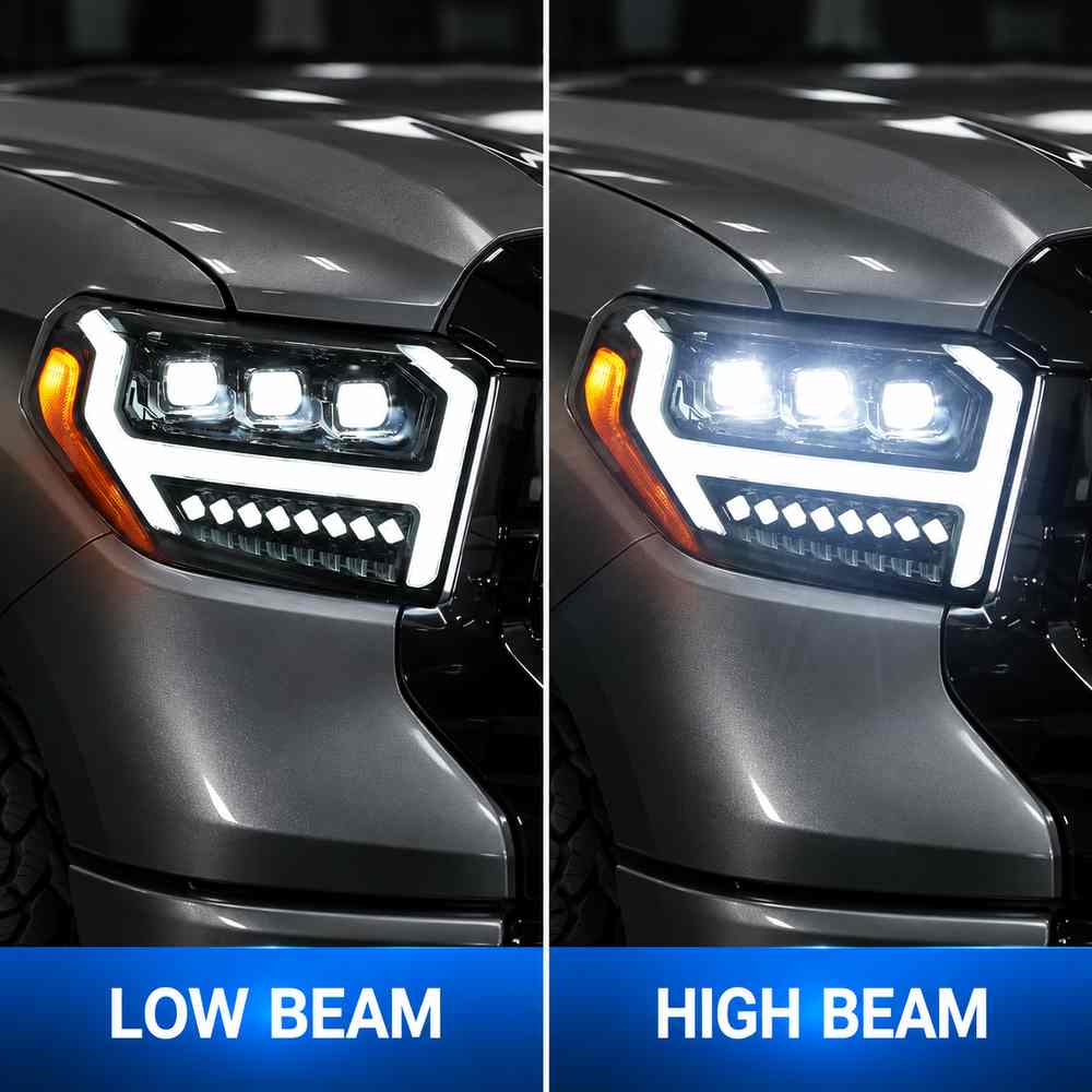 Tundra LED headlights low beam and high beam comparison with triple projector lighting