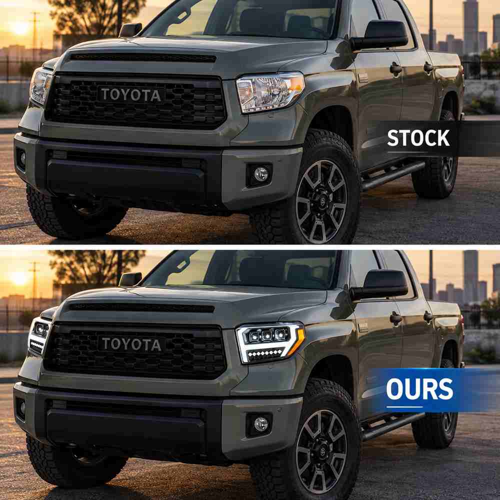 Toyota Tundra stock headlights compared with upgraded LED projector headlights on the same truck