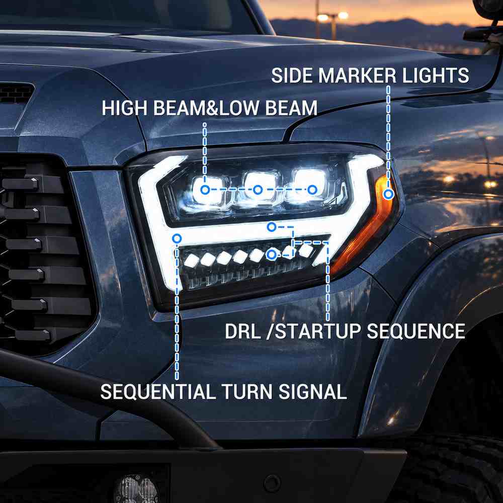 Tundra projector headlight function layout showing high and low beam side marker DRL startup sequence and sequential turn signal