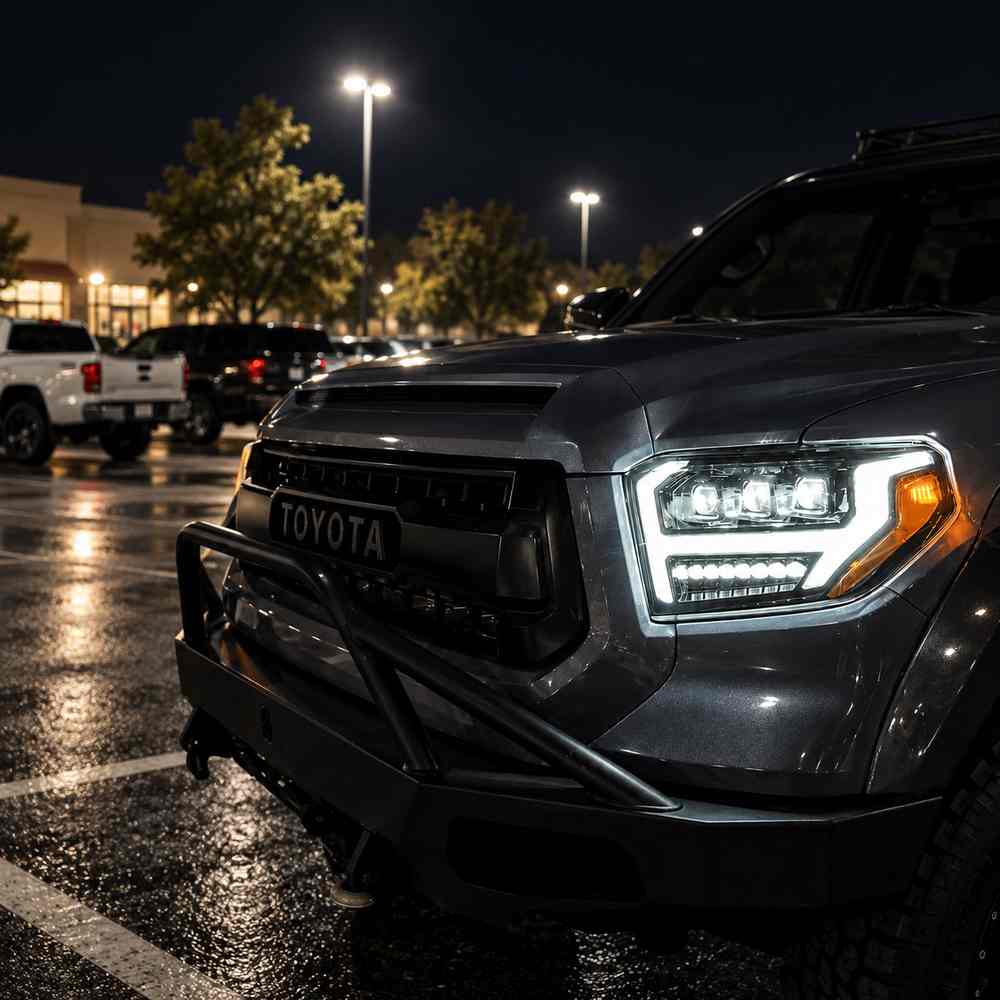 Tundra projector headlights with white LED DRL illuminated on Toyota Tundra during nighttime driving