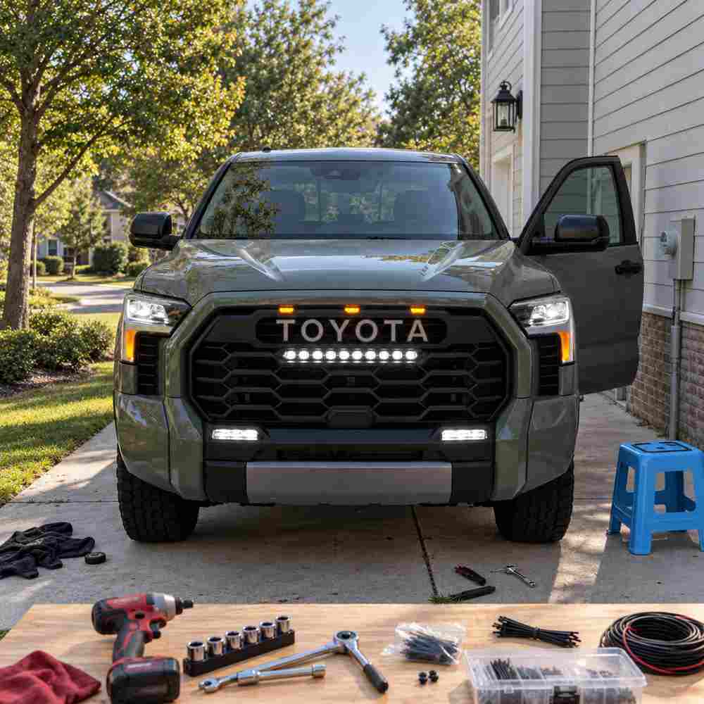 Toyota Tundra with grille light bar and amber raptor lights installed