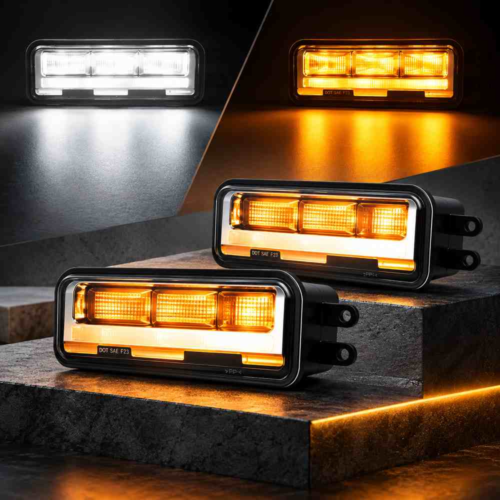Tundra sequential fog lights pair showing crisp white illumination and amber turn signal modes