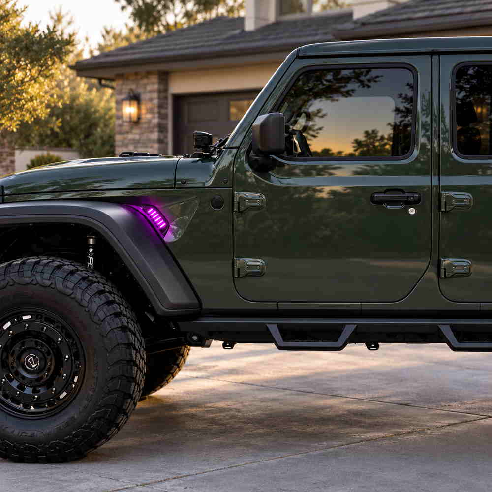 Purple Jeep JL fender lights installed in the factory vent area